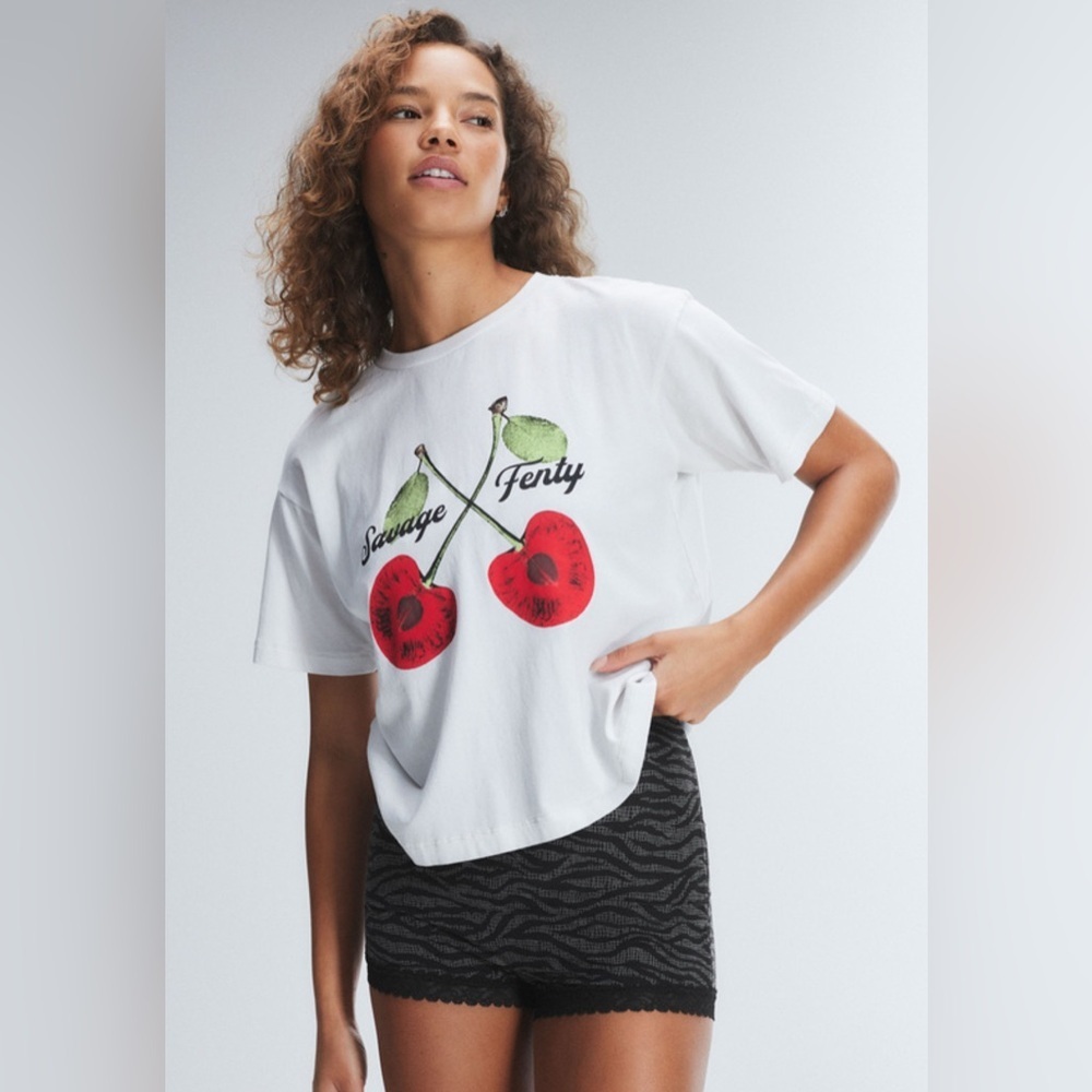 Savage X Fenty White Tee with Red Cherry Design